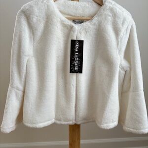 Nina Leonard White Faux Fur Jacket with bell sleeves